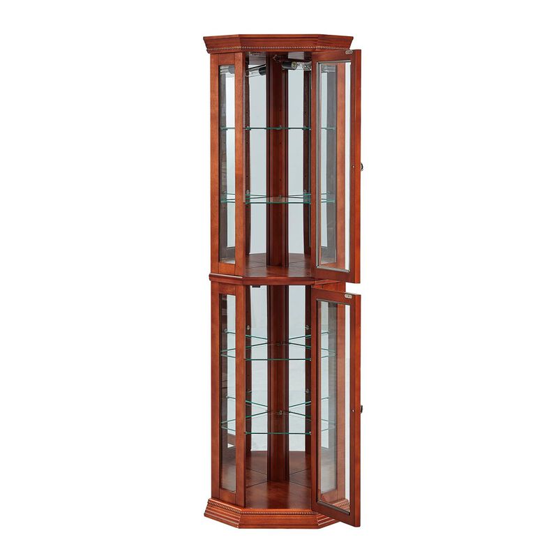Walnut Corner Curio Cabinet with Lights & Adjustable Shelves