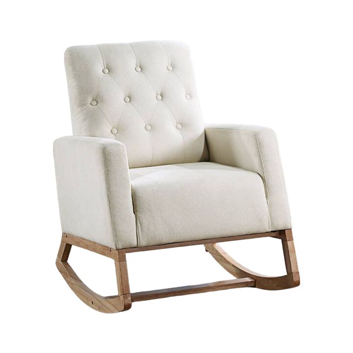 Clair Rocking Chair, Natural  Brown Solid Wood, Beige Button Tufted - Benzara
