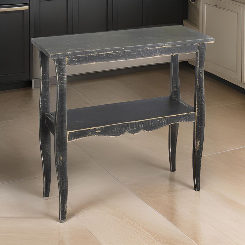 Rena Side End Table with Scallop Trim, 28 Inch Rustic Black Mahogany - Benzara
