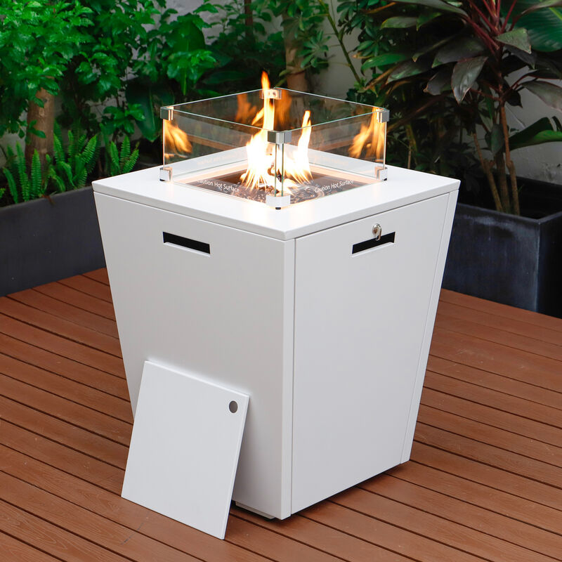 LeisureMod Marlin Modern Black Aluminum Outdoor Patio Chaise Lounge Chair in White Frame with Square Fire Pit Side Table