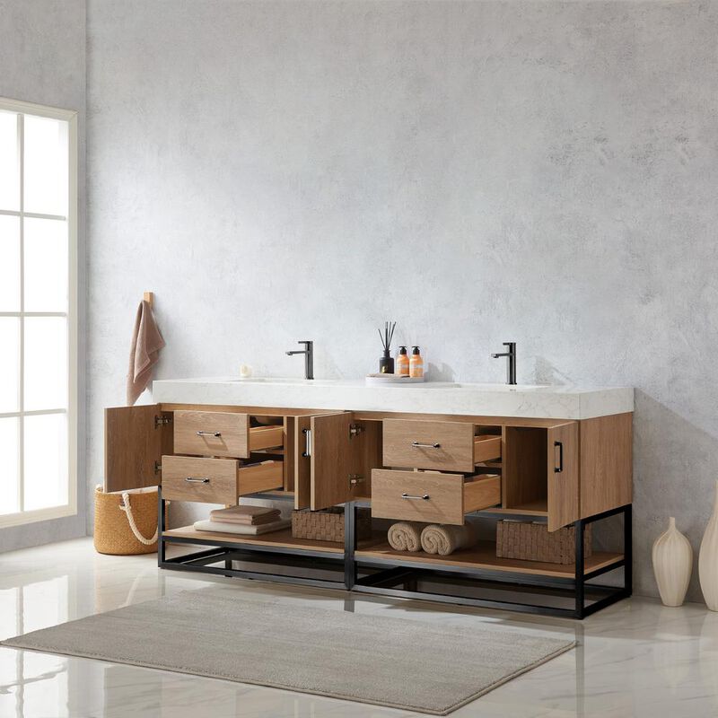 Vinnova Design 84B Double Sink Bath Vanity with White Grain Stone Countertop