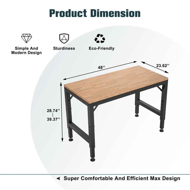 Industrial Adjustable Workbench, Rubber Wood Shop Table with Rubber Pads