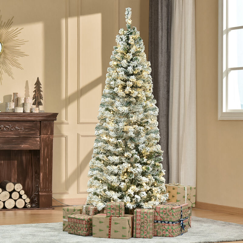 6' Pre-Lit Hinged Snow Flocked Pencil Artificial Christmas Tree w/ LED Lights