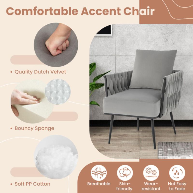 Hivvago Modern Dutch Velvet Accent Chair and Ottoman Set with Weaved Back and Arms