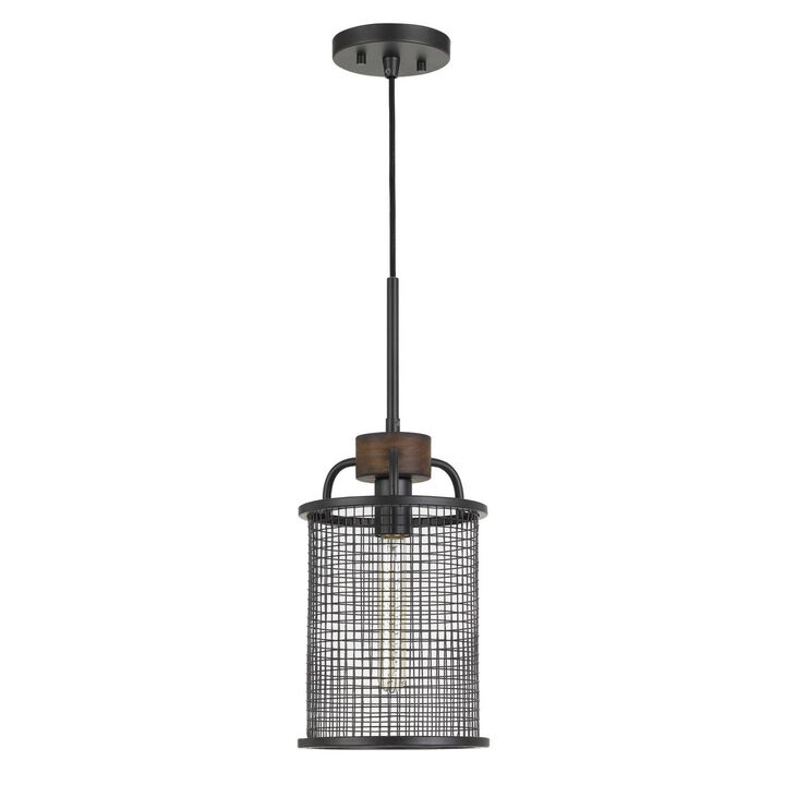 Cylindrical Grid Design Metal Chandelier with Wooden Accent, Black-Benzara