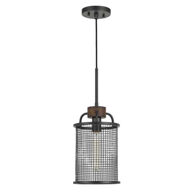 Cylindrical Grid Design Metal Chandelier with Wooden Accent, Black-Benzara