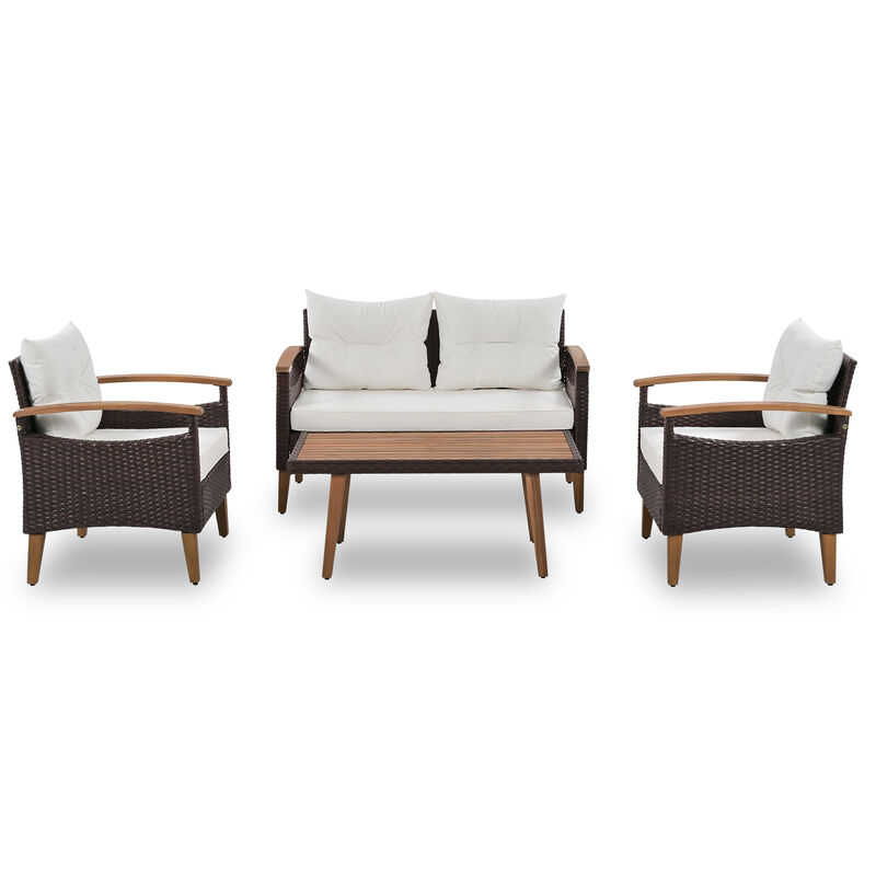 4-Piece Garden Furniture, Patio Seating Set, PE Rattan Outdoor Sofa Set, Wood Table And Legs