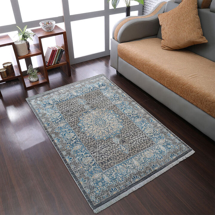 RUGSOTIC CARPETS MACHINE MADE POLYESTER AREA RUGS  - 1'8''x2'10'', Rectangle Shape, Black Gray Color, Classic Oriental Traditional  Design, Low Pile Machine Made Area Rugs (M00090)