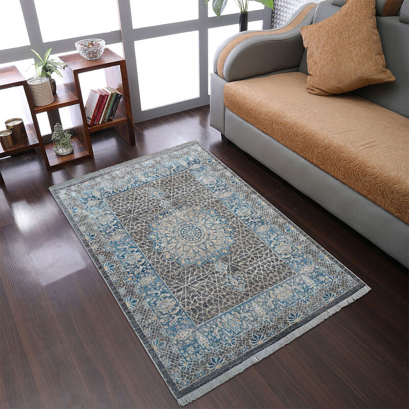 RUGSOTIC CARPETS MACHINE MADE POLYESTER AREA RUGS  - 1'8''x2'10'', Rectangle Shape, Black Gray Color, Classic Oriental Traditional  Design, Low Pile Machine Made Area Rugs (M00090)