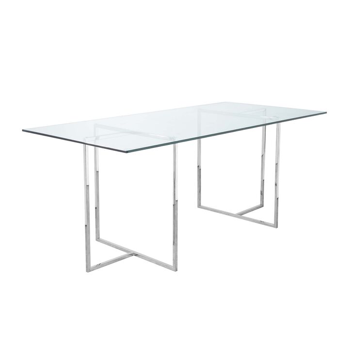 Nisa 71 Inch Dining Table, Tempered Glass Rectangular Top, Chrome Metal - Benzara
