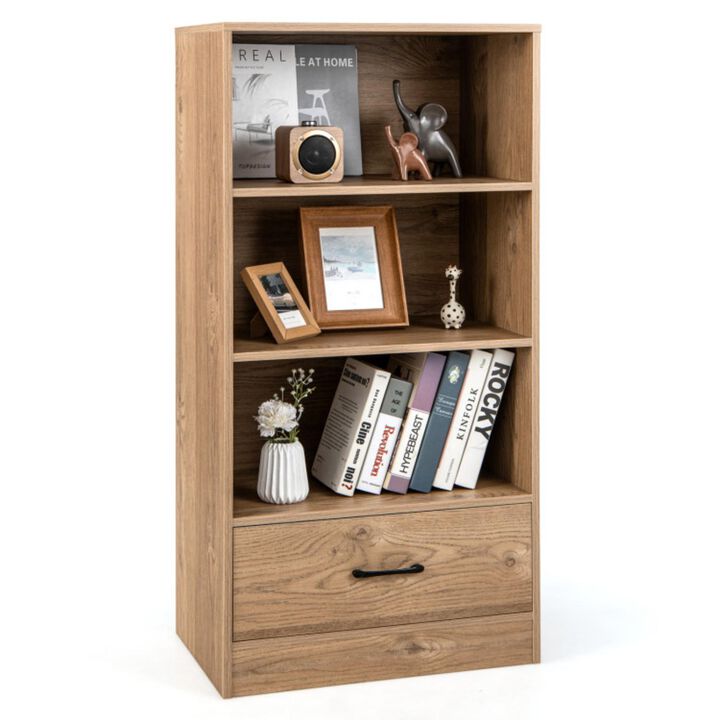 Hivvago 4-Tier Storage Bookcase with Open Shelves Drawer and Anti-toppling Device