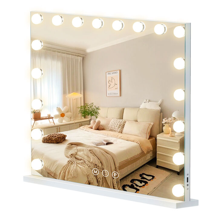 32''*23'' Hollywood Makeup Vanity Mirror 18 LED Bulbs Wall Mount USB PortWhite