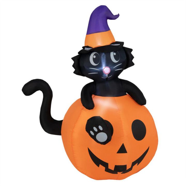 Hivvago 5 Feet Inflatable Halloween Pumpkin with Witch's Black Cat