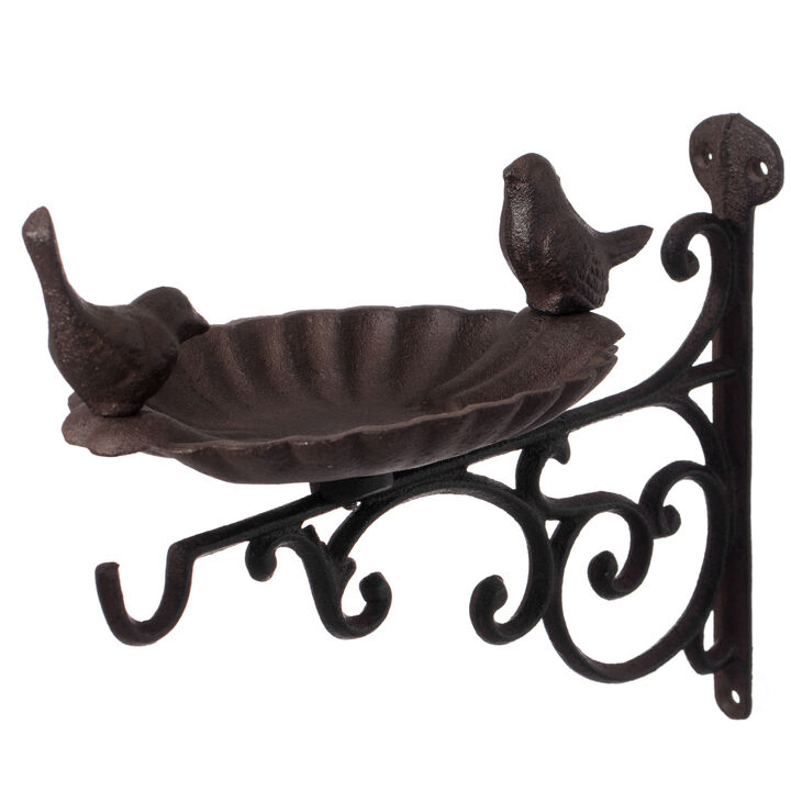Outdoor Garden Wall Mounted Hanging Iron Bird Bath and Feeder Decor, Bronze