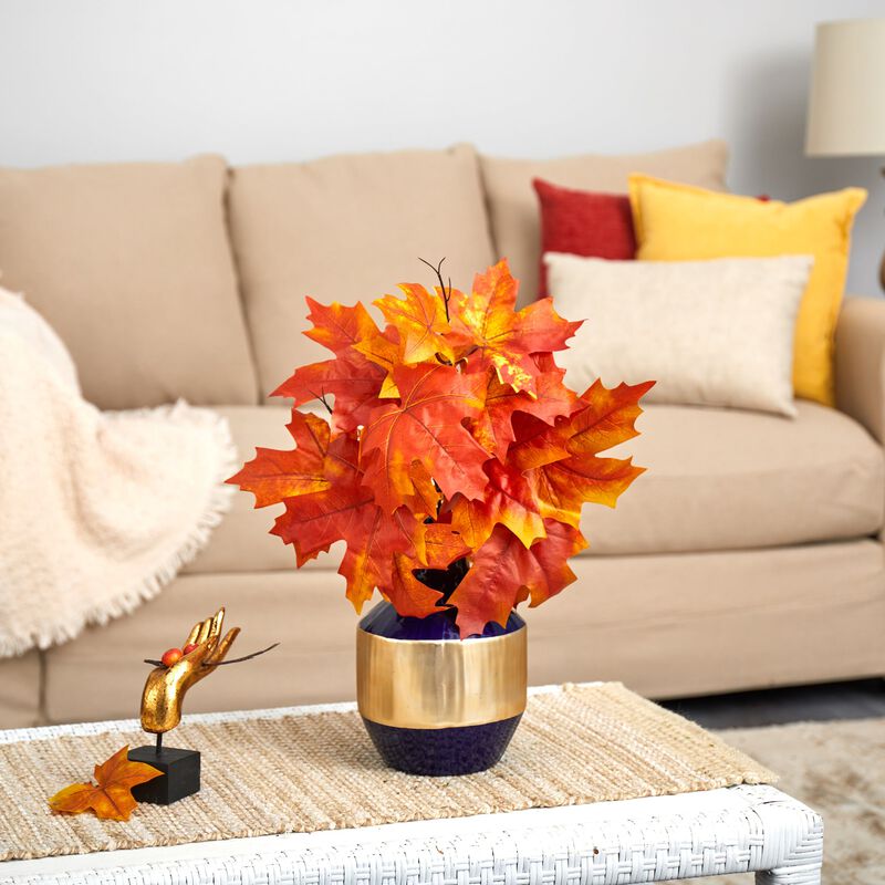Hivvago 18" Autumn Maple Leaf Artificial Plant in Blue and Gold Planter