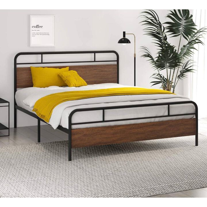 QuikFurn Full Size Industrial Metal Wood Platform Bed Frame with Headboard and Footboard
