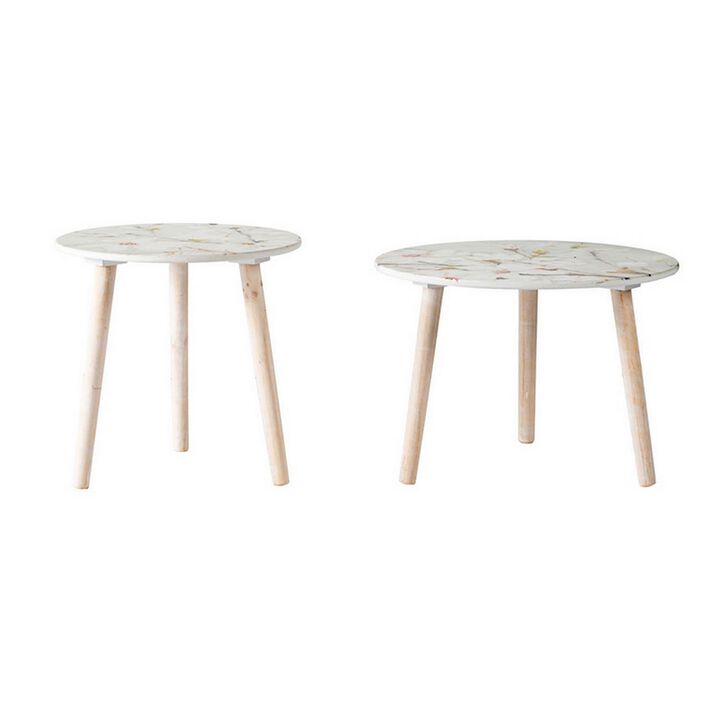 Byle 16, 20 Inch Side Table Set of 2, Floral Design, Cherry Blossom, White - Benzara