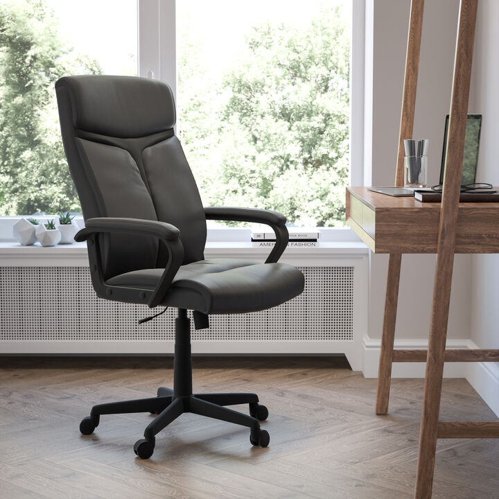 Raya High Back Black LeatherSoft Executive Swivel Office Chair with Slight Mesh Accent and Arms