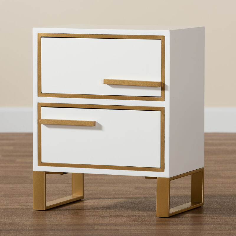 Baxton Studio Giolla and Luxe White Finished and Gold Metal 2-Drawer End Table
