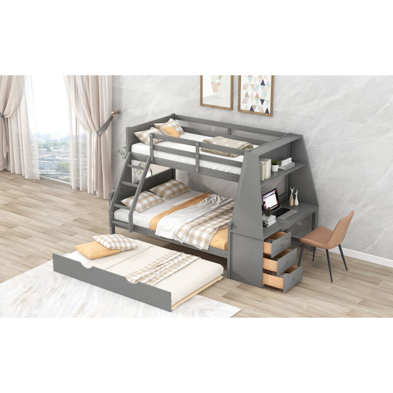 Twin Over Full Bunk Bed With Trundle And Built-In Desk, Three Storage Drawers And Shelf