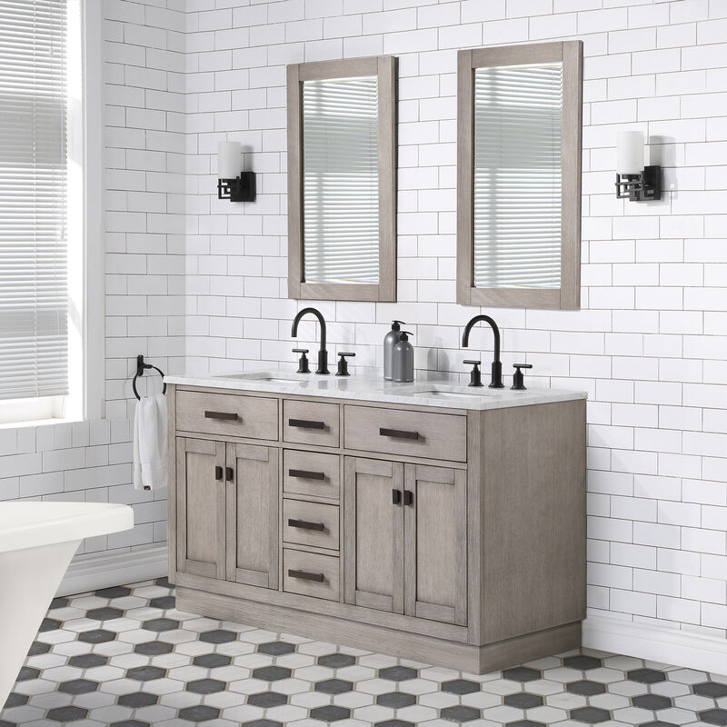 Chestnut 60 In. Double Sink Carrara White Marble Countertop Bath Vanity In Grey Oak with Oil Rubbed Bronze Hardware