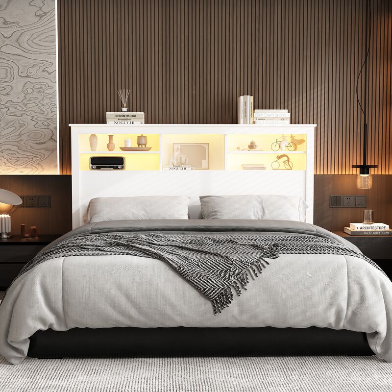 Full Queen White Wood Headboard Shelf With 5-Shelves and LED Lights