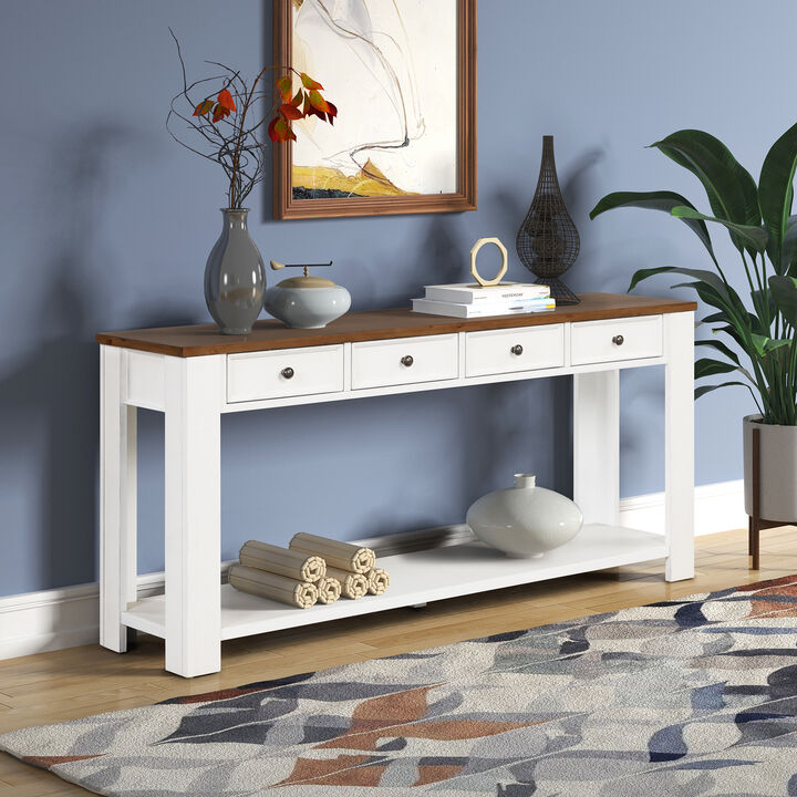 Gewnee Solid Pine Wood Console Table Entryway table with Drawers and Shelves, White