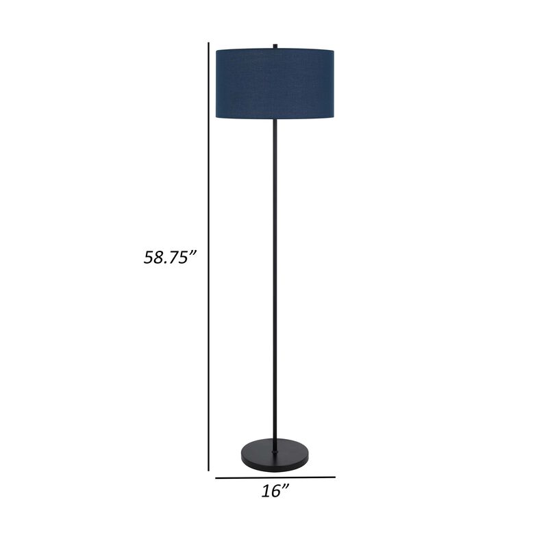 Sie 59 Inch Floor Lamp, Navy Blue Linen Shade, Round Base, Black Metal Pole - Benzara