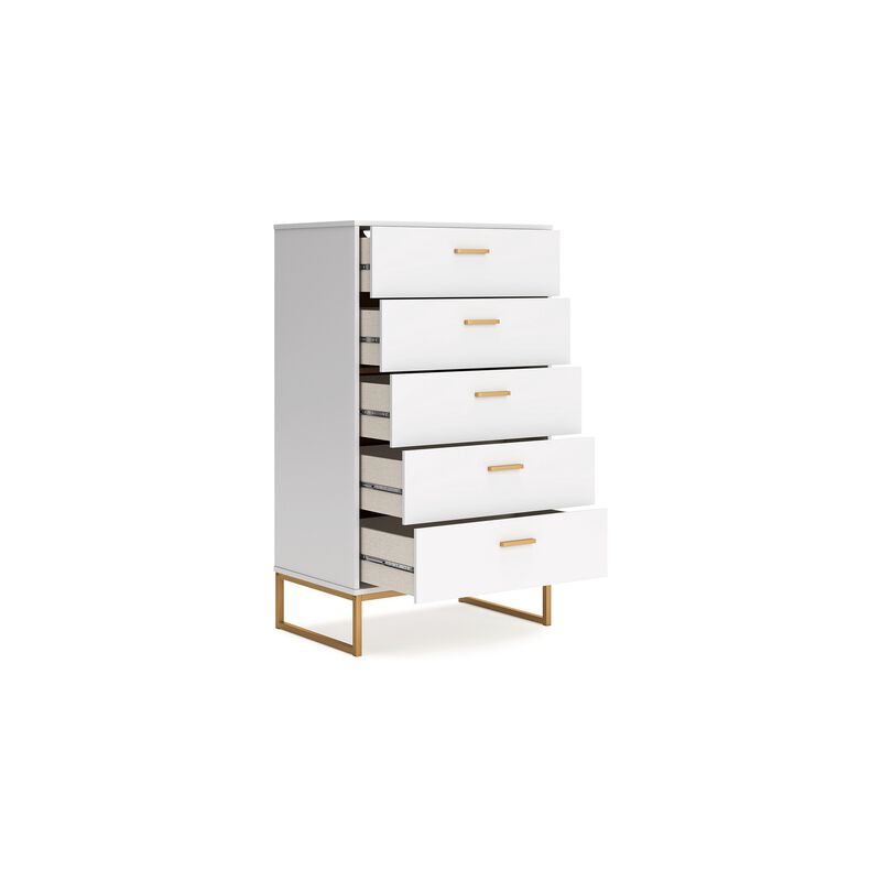 Alli Tall Dresser Chest, 5 Drawers, Matte White, Gold Metal, 51 Inch - Benzara