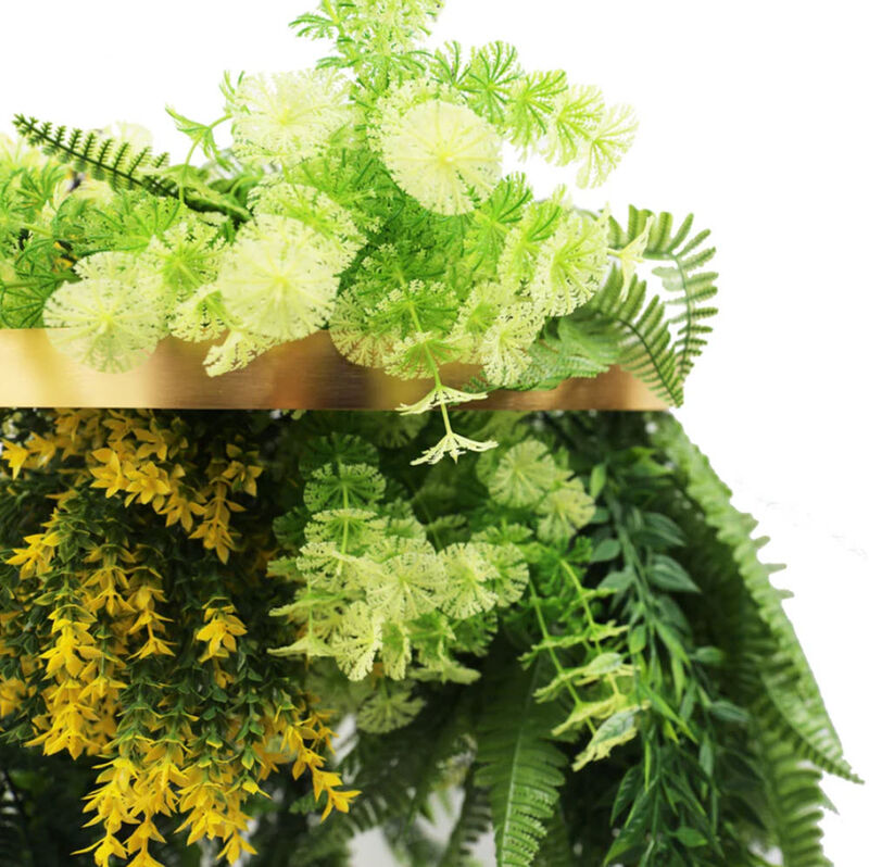 Gold Framed Roof Hanging Disc With Bright Tropical Folaige Mix and Draping Ferns 15.75" UV Resistant