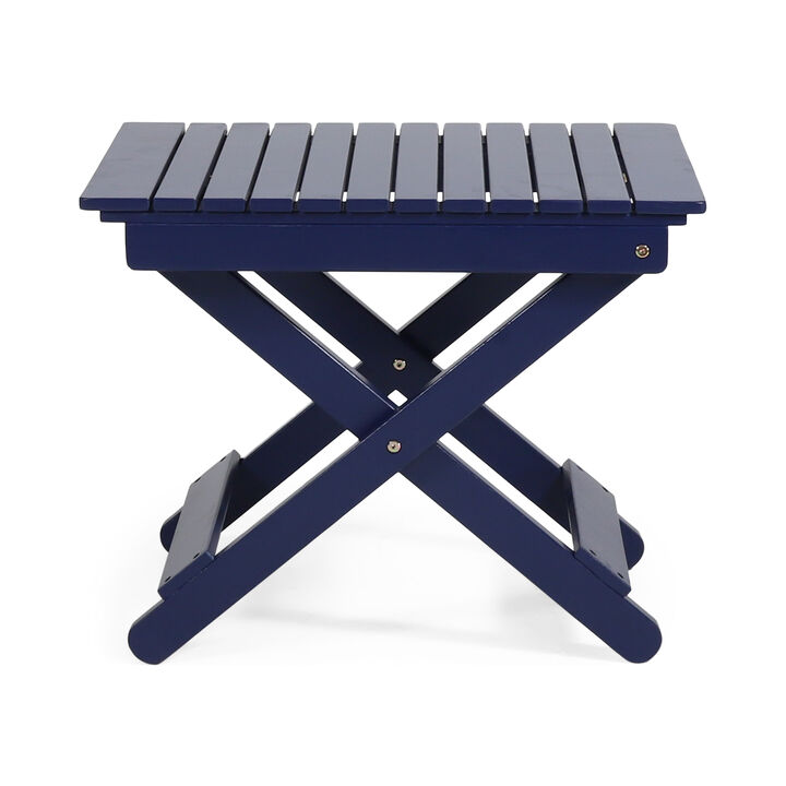 Kyre Outdoor Side Table, Foldable Slatted 23 Inch, Navy Blue Acacia Wood - Benzara