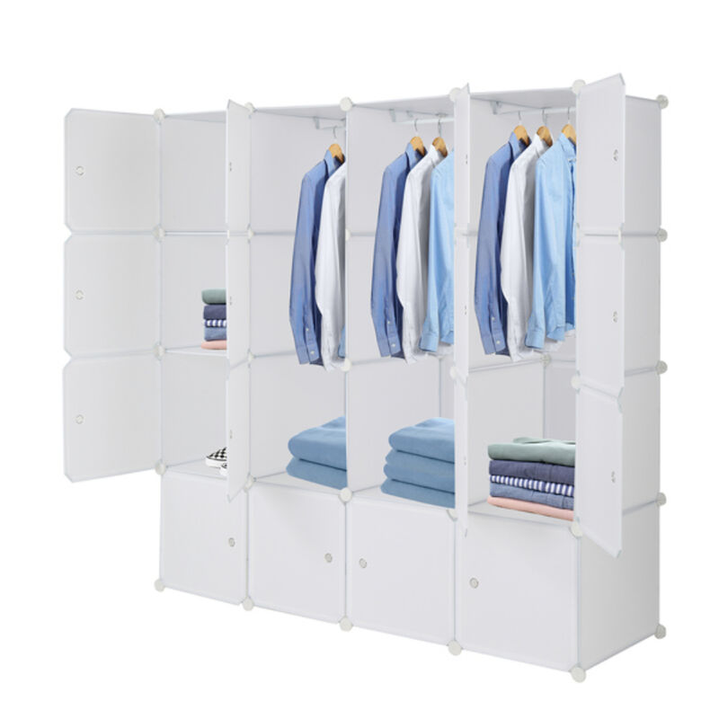 16-Cube Modular Wardrobe, 4-Layer Plastic & Steel Storage Organizer with 3 Hanging Rods