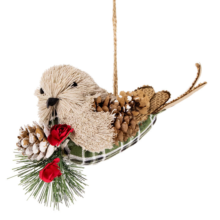 6.75" Left Facing Plaid Bird and Frosted Pine Needle Hanging Christmas Ornament