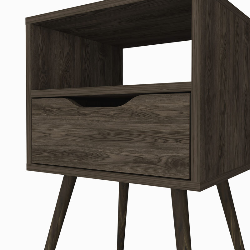 DEPOT E-SHOP Emma Nightstand, Superior Top, Four Legs, One Open Shelf, One Drawer, Dark Walnut