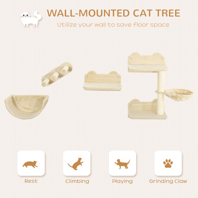Beige Cat Playground: Wall Shelves with Hammock & Scratching Post