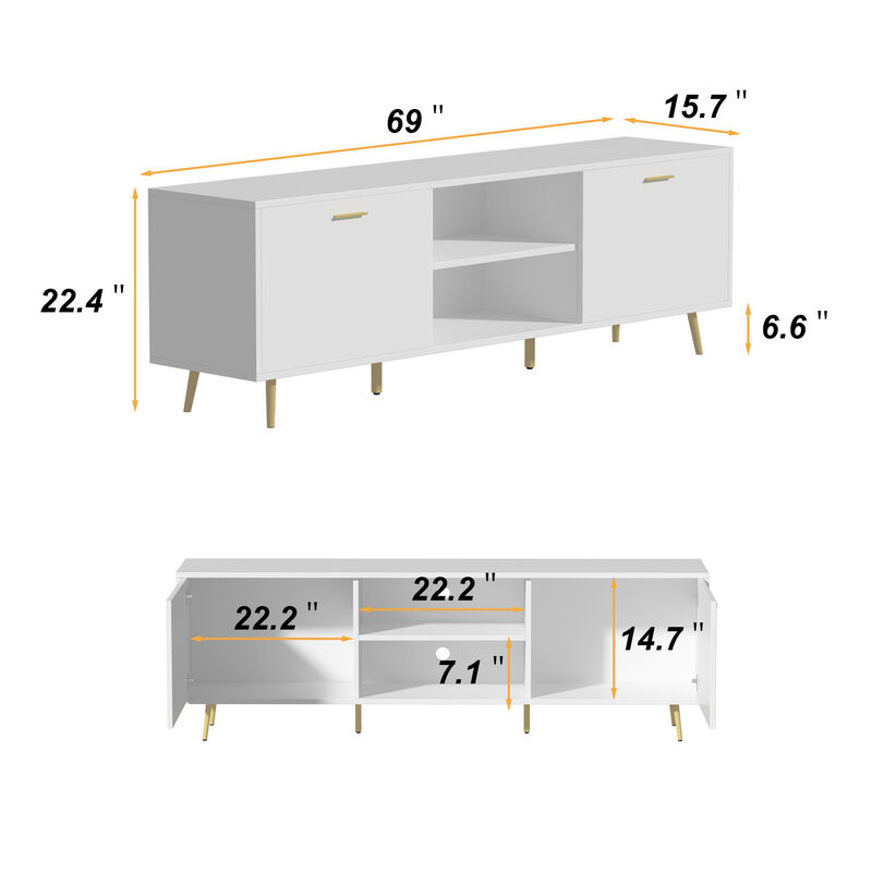 69 in. W White Wood TV Stand Console Entertainment Center for TV up to 75 in.
