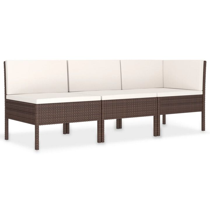 3pc Outdoor Modular Sofa Set, Cushions, Cream White, Brown Poly Rattan - Benzara