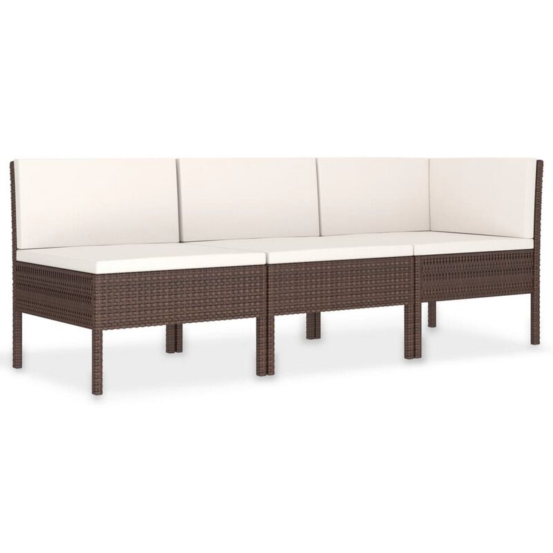 3pc Outdoor Modular Sofa Set, Cushions, Cream White, Brown Poly Rattan - Benzara