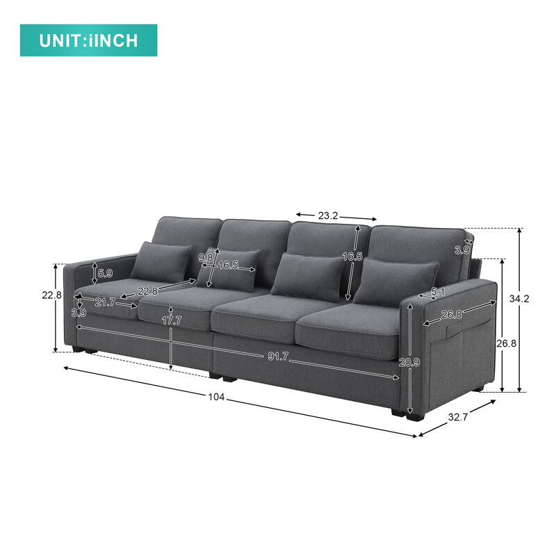 Sofa With Armrest Pockets And 4 Pillows, Minimalist Style