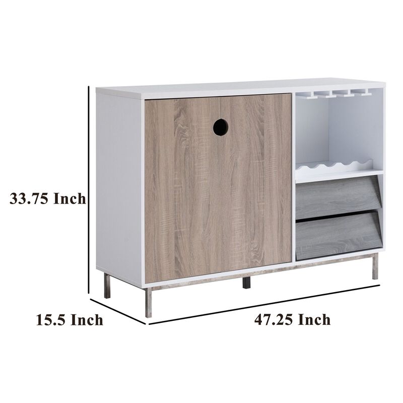 Wine Cabinet, 2 Drawers, Stemware and Bottle Rack, White Brown Gray - Benzara