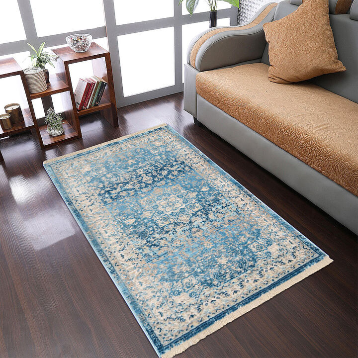 RUGSOTIC CARPETS MACHINE MADE POLYESTER AREA RUGS - 2'x3'10'', Rectangle Shape, Blue Color, Classic Oriental Traditional  Design,Low Pile Machine Made Area Rugs for Living Room, Bed Room (M00082)