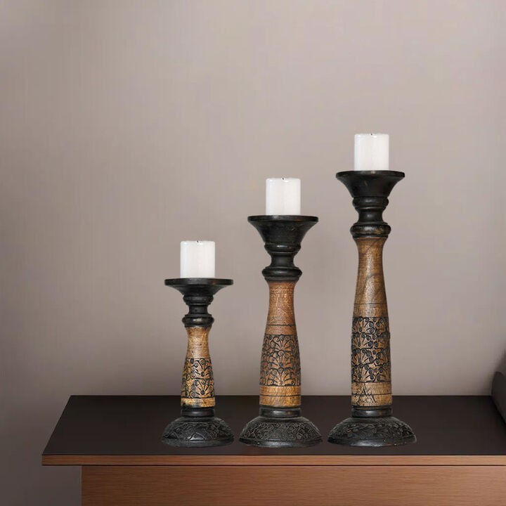 Traditional Black Wash Eco-friendly Handmade Mango Wood Set Of Three 9",12" & 15" Pillar Candle Holder