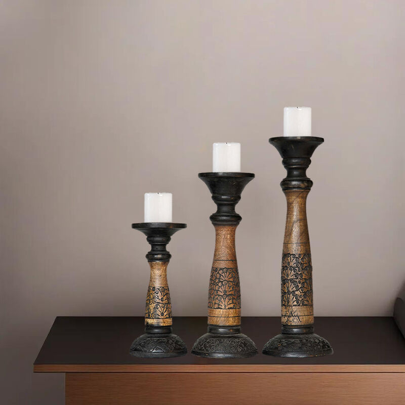 Traditional Black Wash Eco-friendly Handmade Mango Wood Set Of Three 9",12" & 15" Pillar Candle Holder