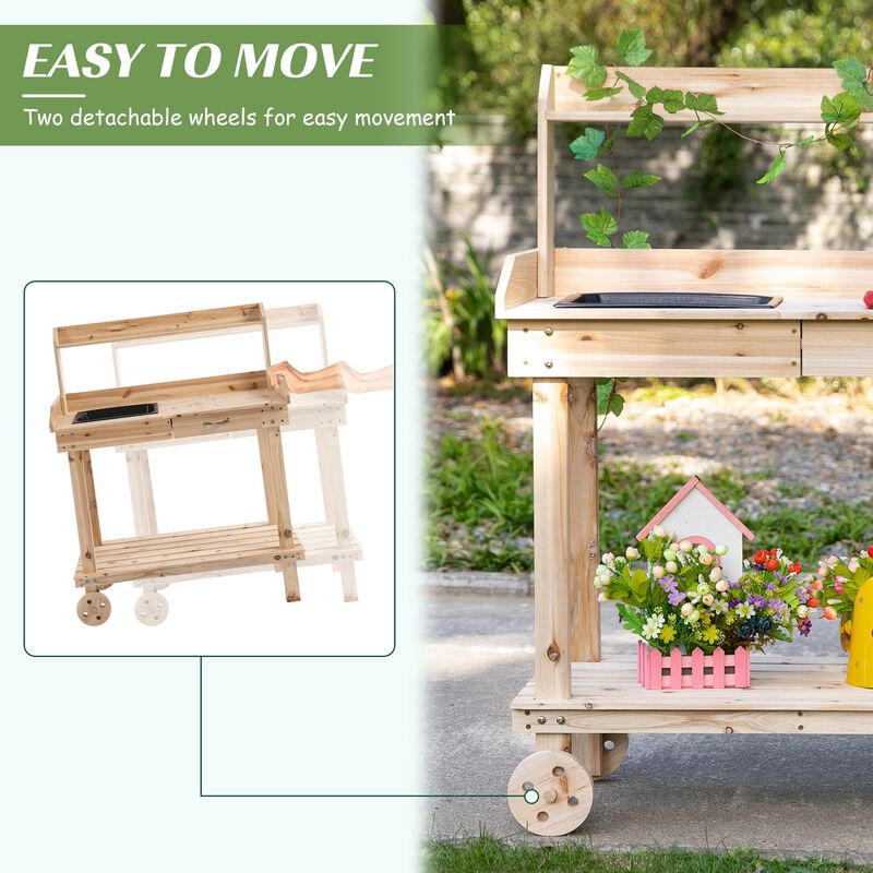 Mobile Garden Station: Natural Wood Potting Bench with Wheels and Sink