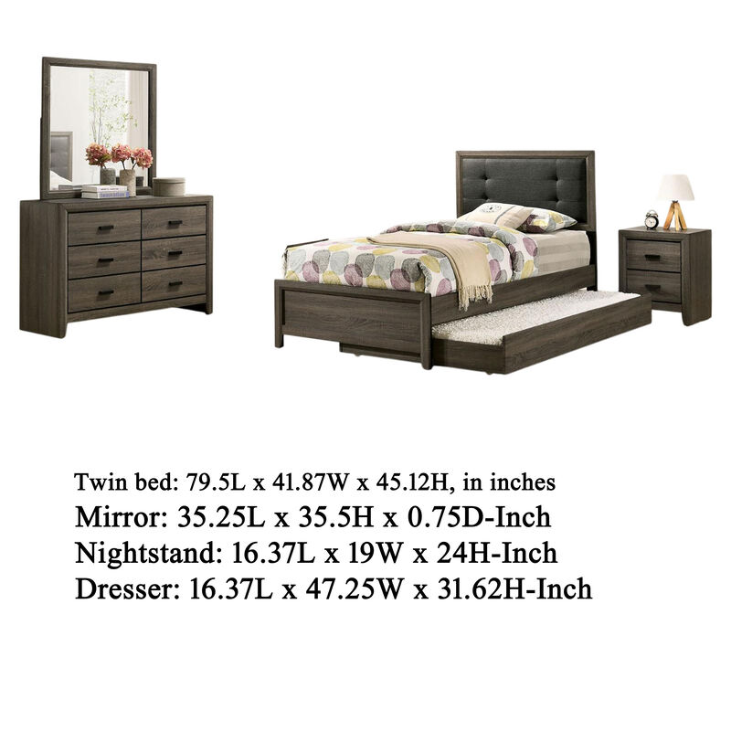 Meli 4pc Twin Size Bed Set with Dresser, Dark Gray Solid Wood Frame - Benzara