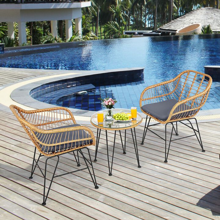 3 Pieces Rattan Furniture Set with Cushioned Chair Table