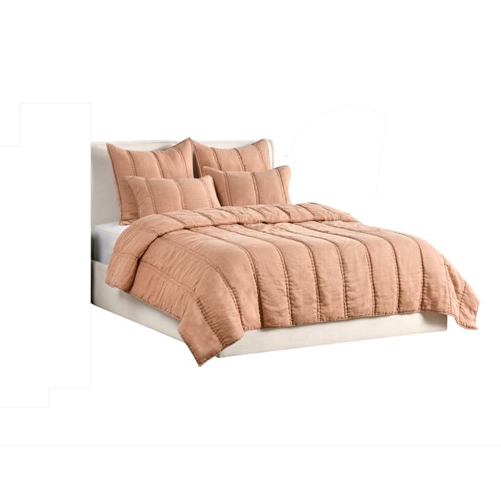 Rawi King Size Quilt, Clay Linen Like Ramie Fabric, Channel Stitching - Benzara
