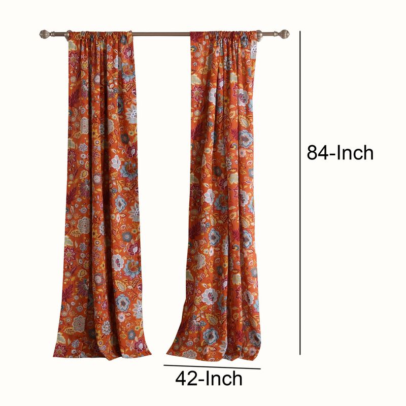 4 Piece Polyester Window Panel Set with Floral Print, Multicolor - Benzara