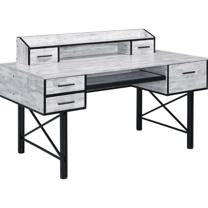 Computer Desk with 5 Drawers and Grains, Antique White and Black-Benzara