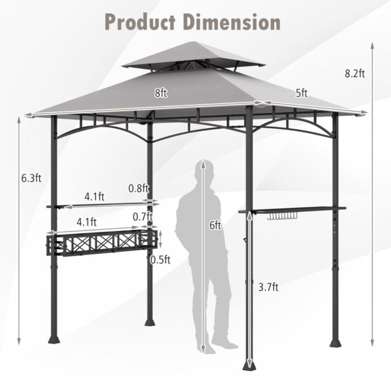 Hivvago 8 x 5 FT Outdoor Grill Gazebo with 2 Side Shelves and 20 Hooks-Gray